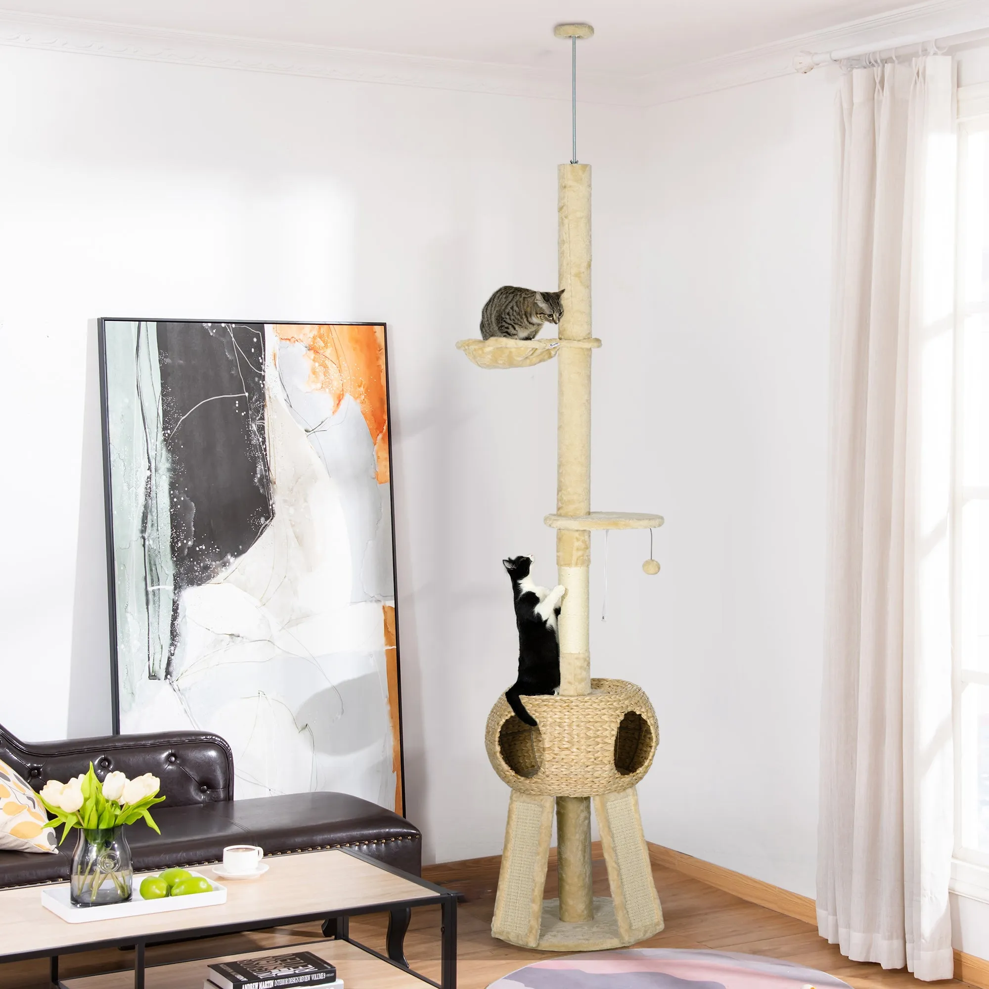 255cm Cat Tree Tower for Indoor Cats, with Scratching Post, Cat House, Platform - Beige