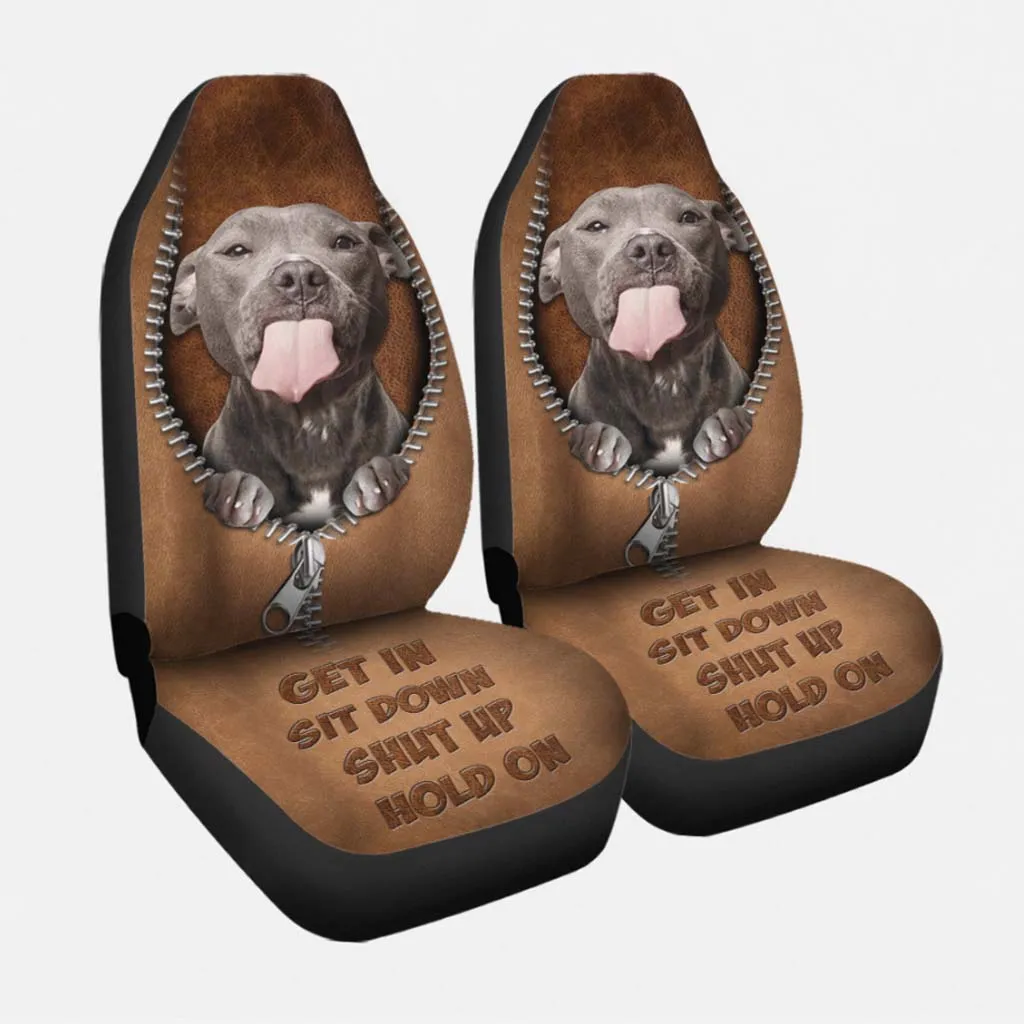 Car Seat Covers With Dog, Get In Sit Down, Pitbull Seat Covers For Car With Leather Pattern