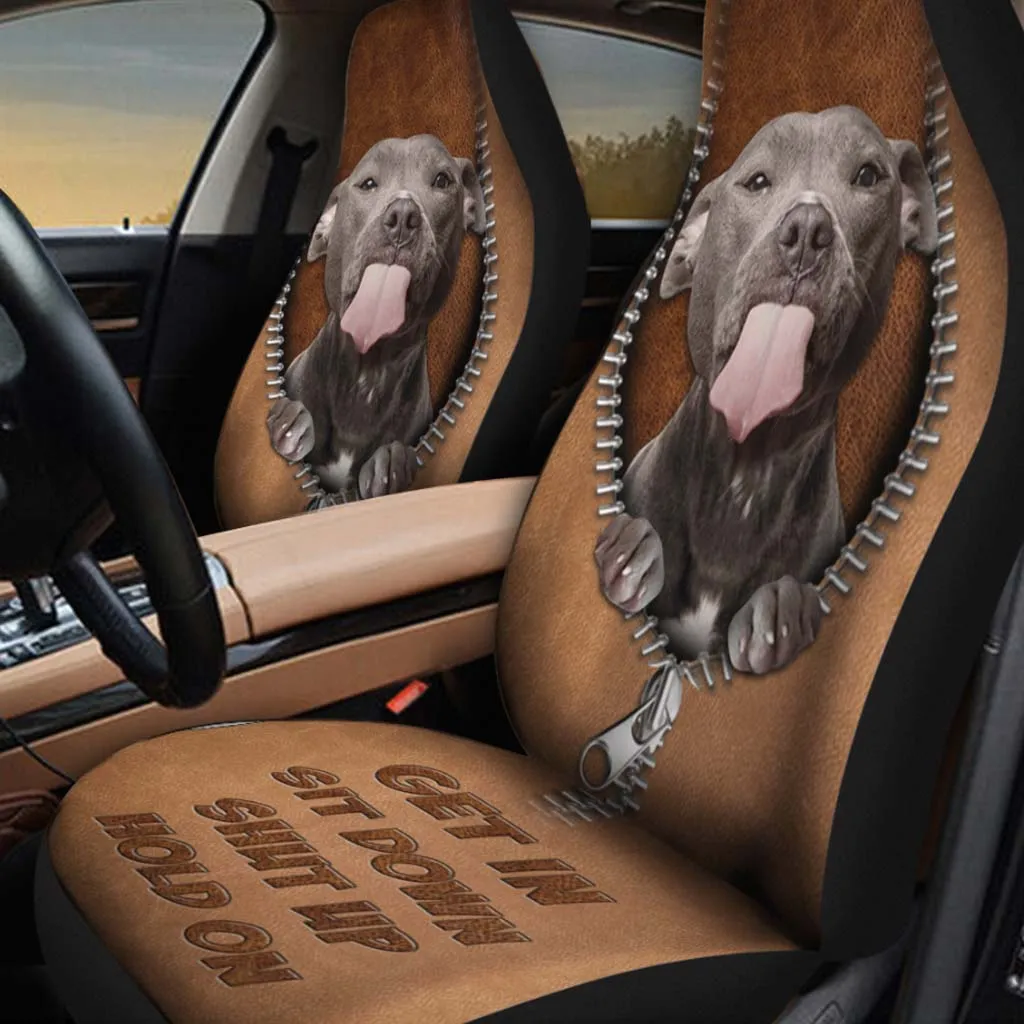 Car Seat Covers With Dog, Get In Sit Down, Pitbull Seat Covers For Car With Leather Pattern