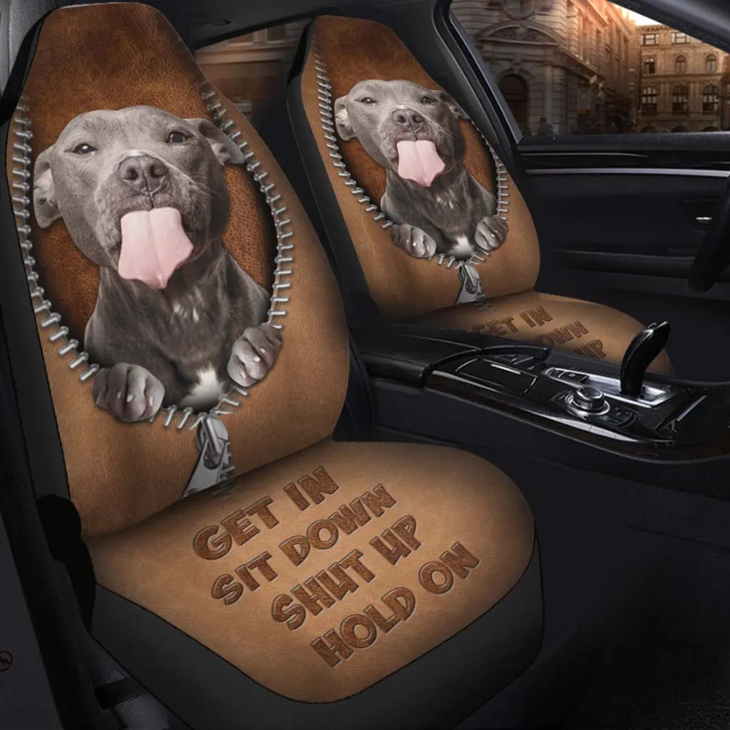 Car Seat Covers With Dog, Get In Sit Down, Pitbull Seat Covers For Car With Leather Pattern