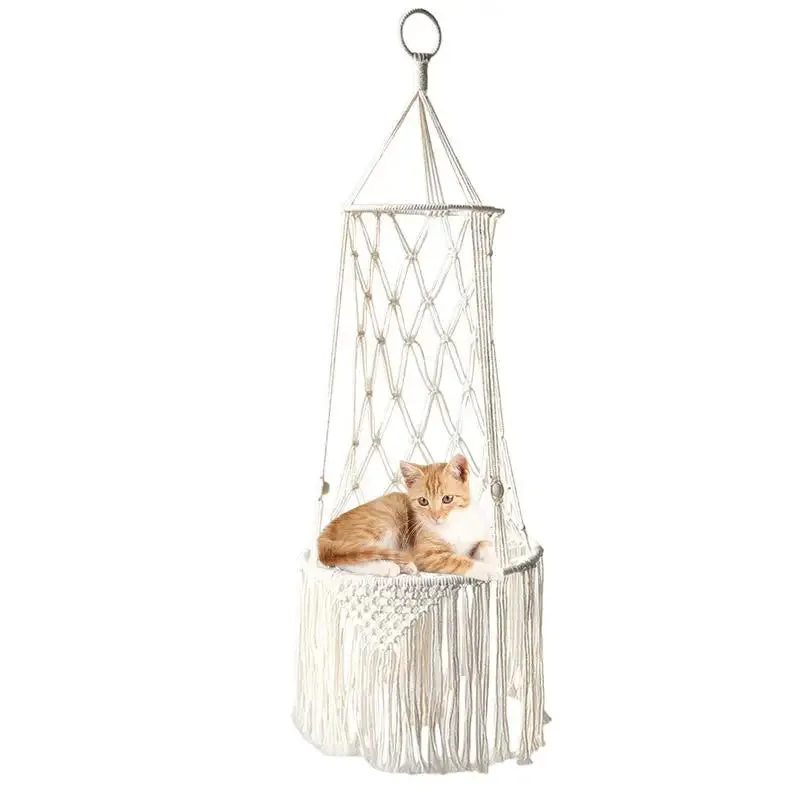 Handwoven Macrame Pet Hanging Hammock Bed Cat Cage Swing Hanging Beds Handcraft Tassel Nest Mat Bed Tapestry Cat Accessories
