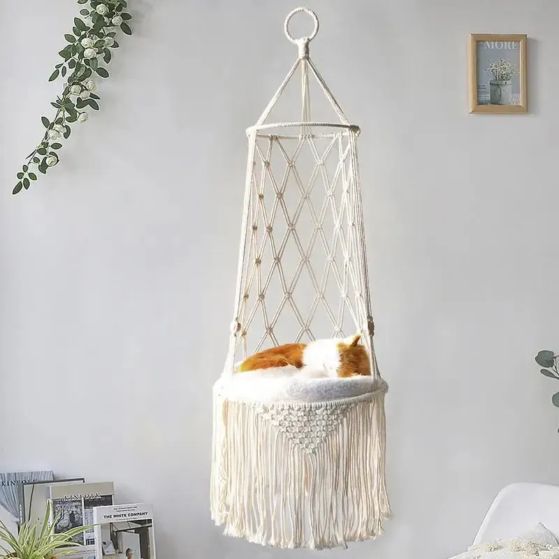 Handwoven Macrame Pet Hanging Hammock Bed Cat Cage Swing Hanging Beds Handcraft Tassel Nest Mat Bed Tapestry Cat Accessories