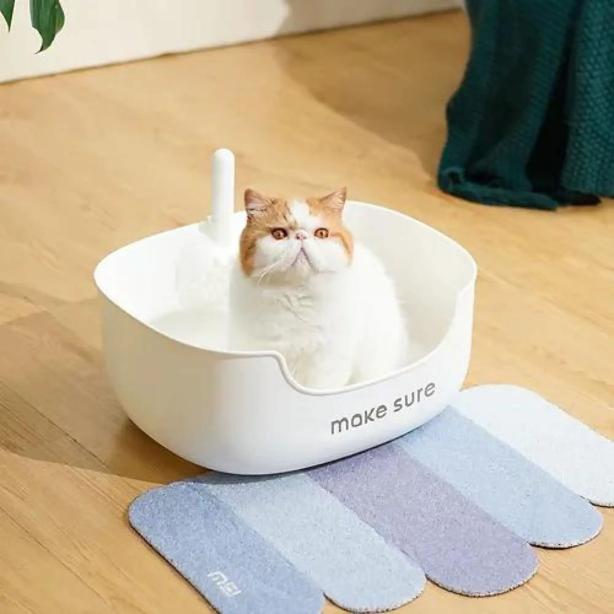 Makesure Open Cat Litter Tray and Mat White