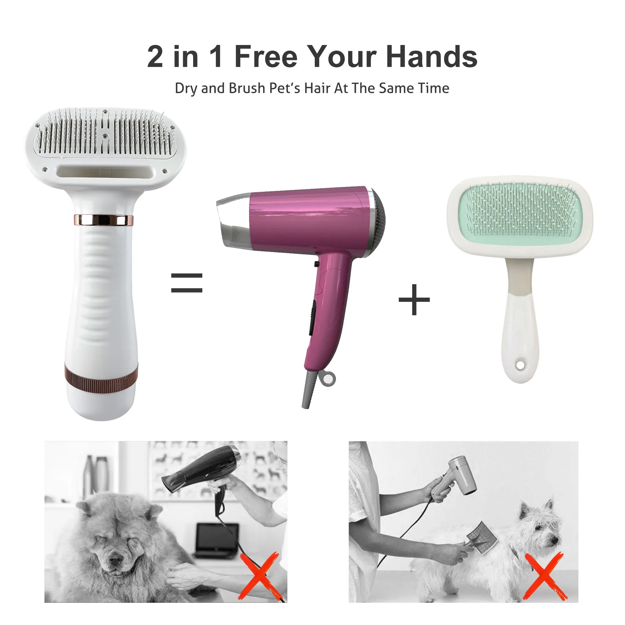 Pet Hair Dryer, Portable Dog Grooming Hair Dryer with Self Cleaning Slicker Brush