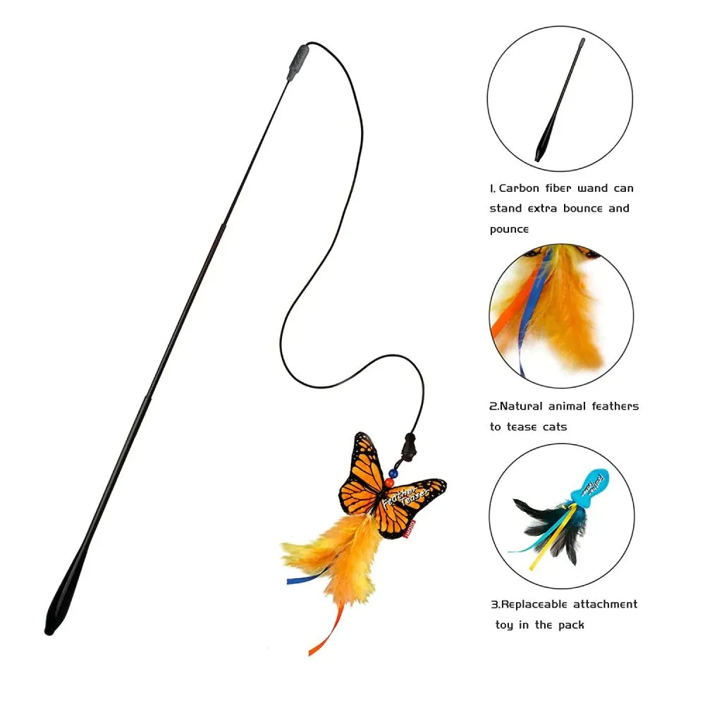 "Feather Teaser' Blue Fish Yellow Butterfly Flexible Rod, with crinkle paper and catnip inside, feather bell"
