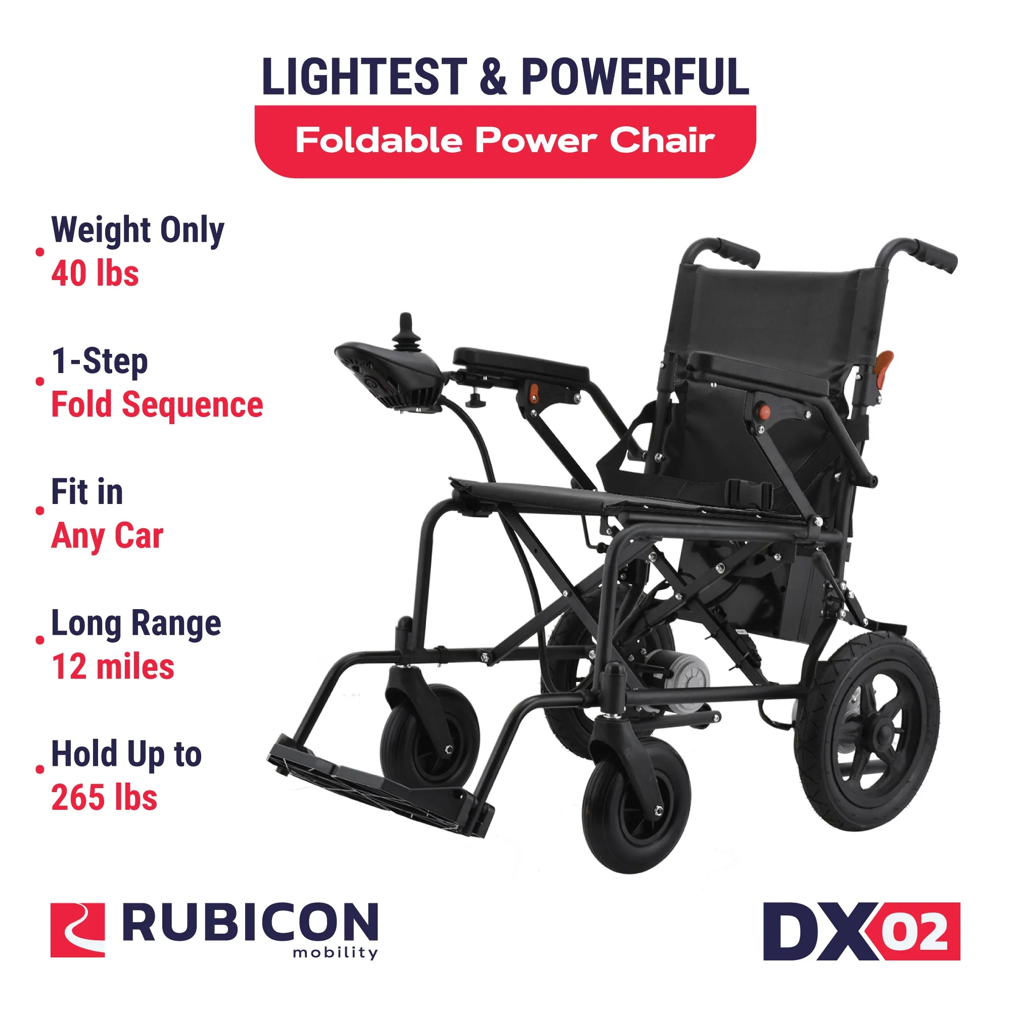 Rubicon DX02 - Affordable, Lightweight & Powerful Electric Wheelchair: Foldable, Portable & Airline-Approved for Travel | Economical Power Wheelchair