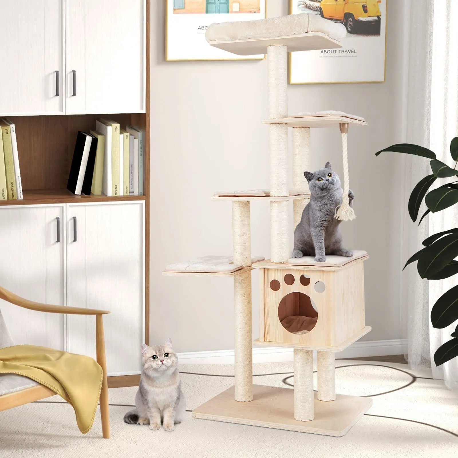 Tangkula Modern Wood Cat Tree, 67 Inch Multi-Level Tall Cat Tree Tower