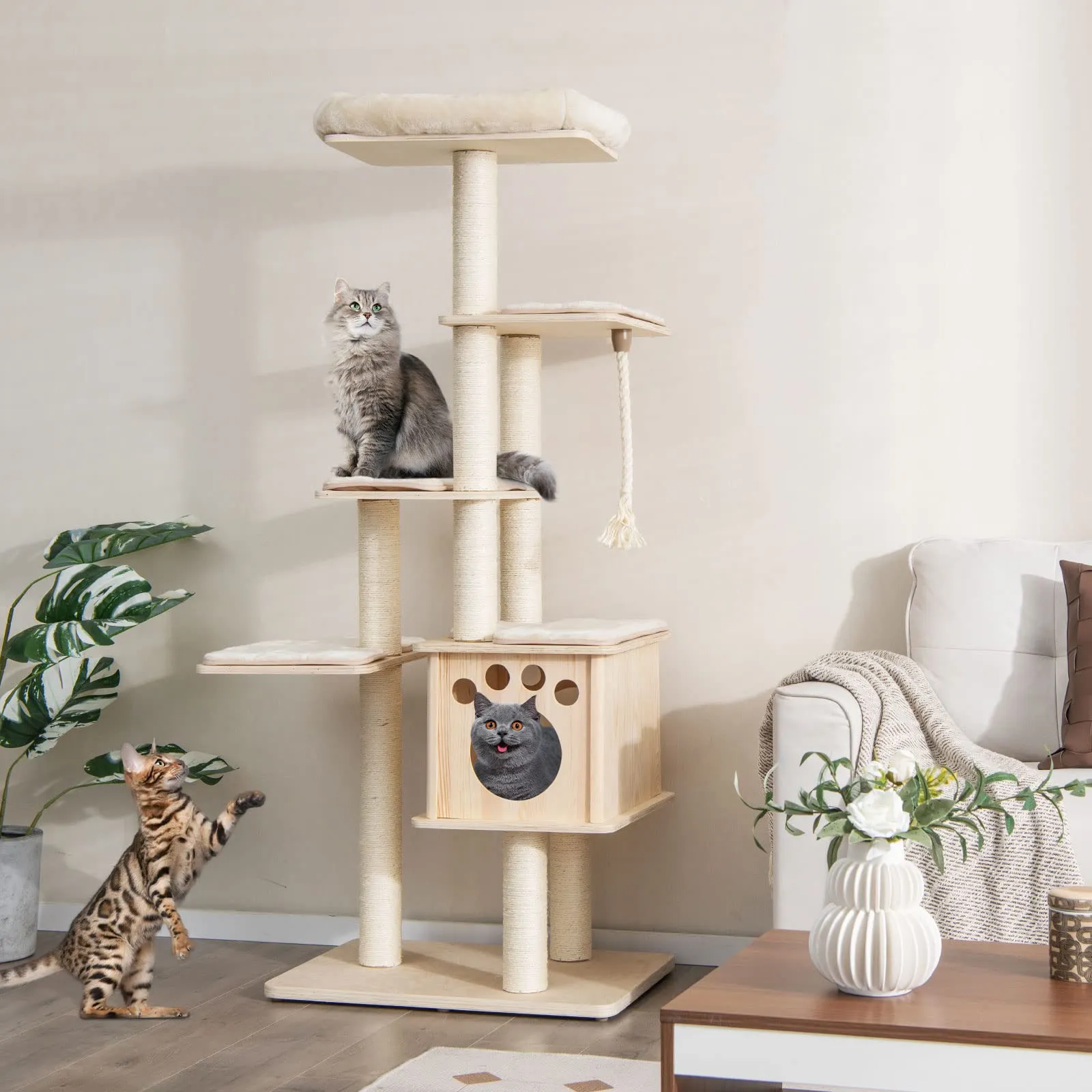 Tangkula Modern Wood Cat Tree, 67 Inch Multi-Level Tall Cat Tree Tower