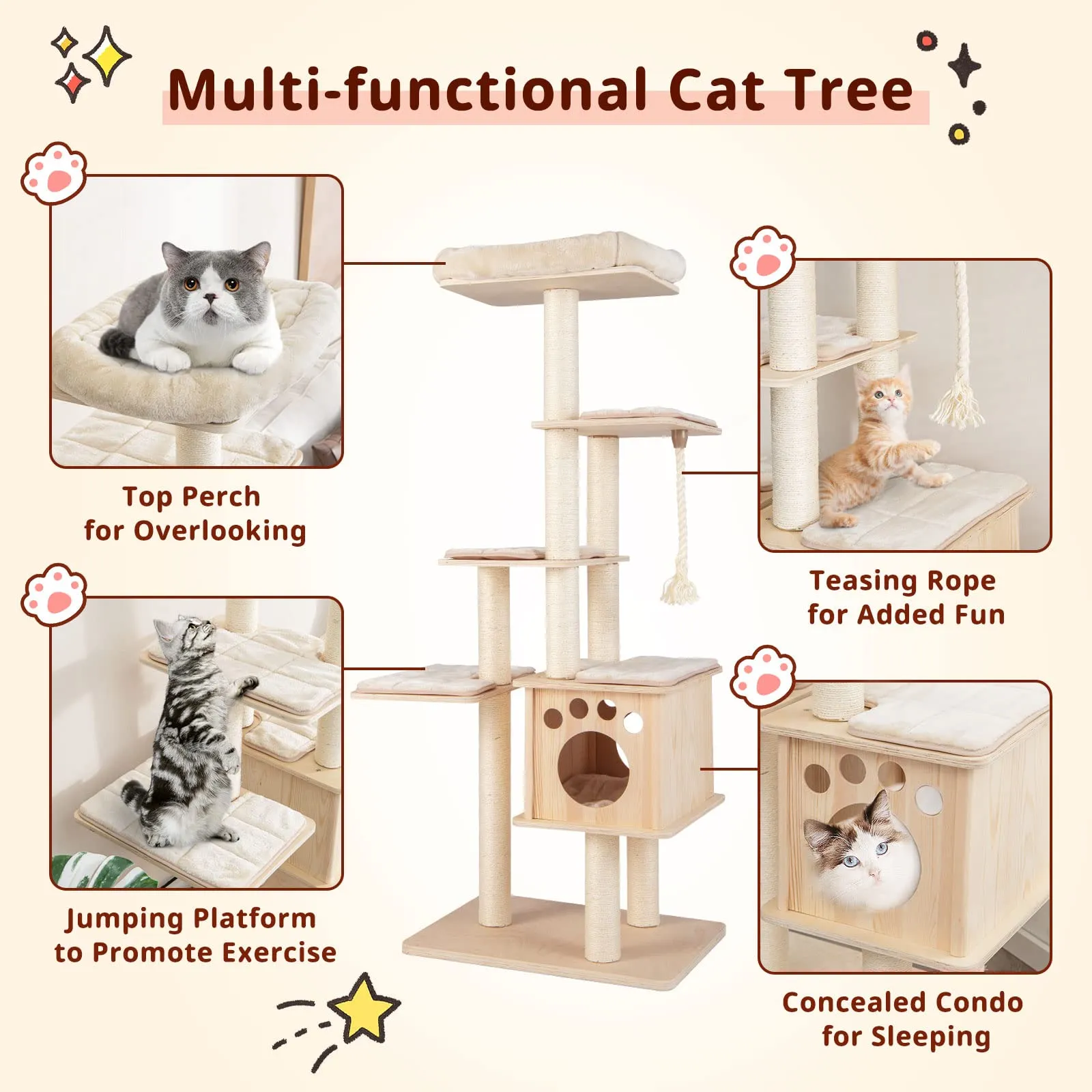Tangkula Modern Wood Cat Tree, 67 Inch Multi-Level Tall Cat Tree Tower