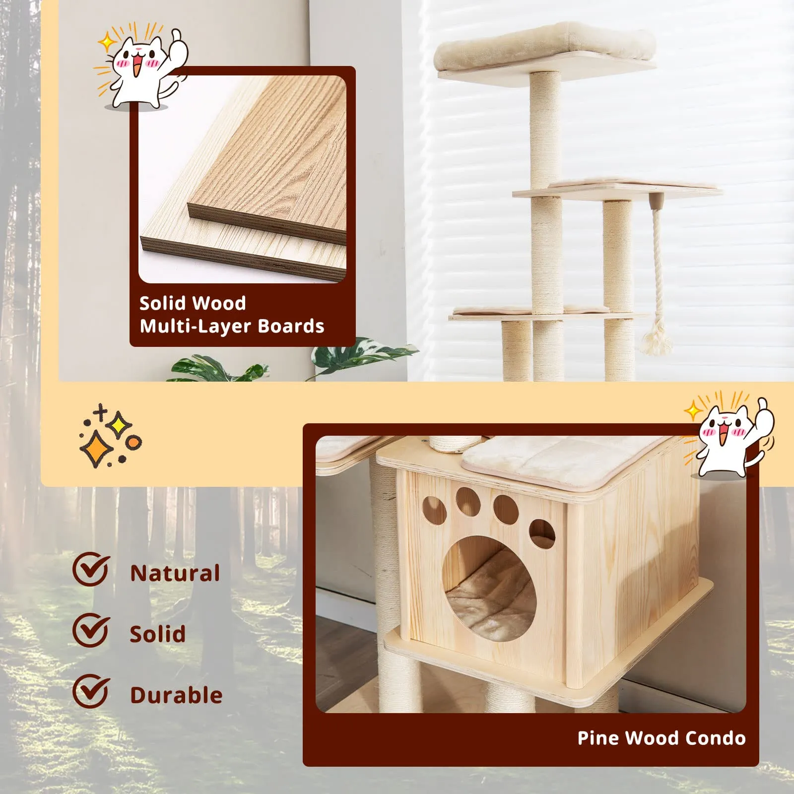 Tangkula Modern Wood Cat Tree, 67 Inch Multi-Level Tall Cat Tree Tower