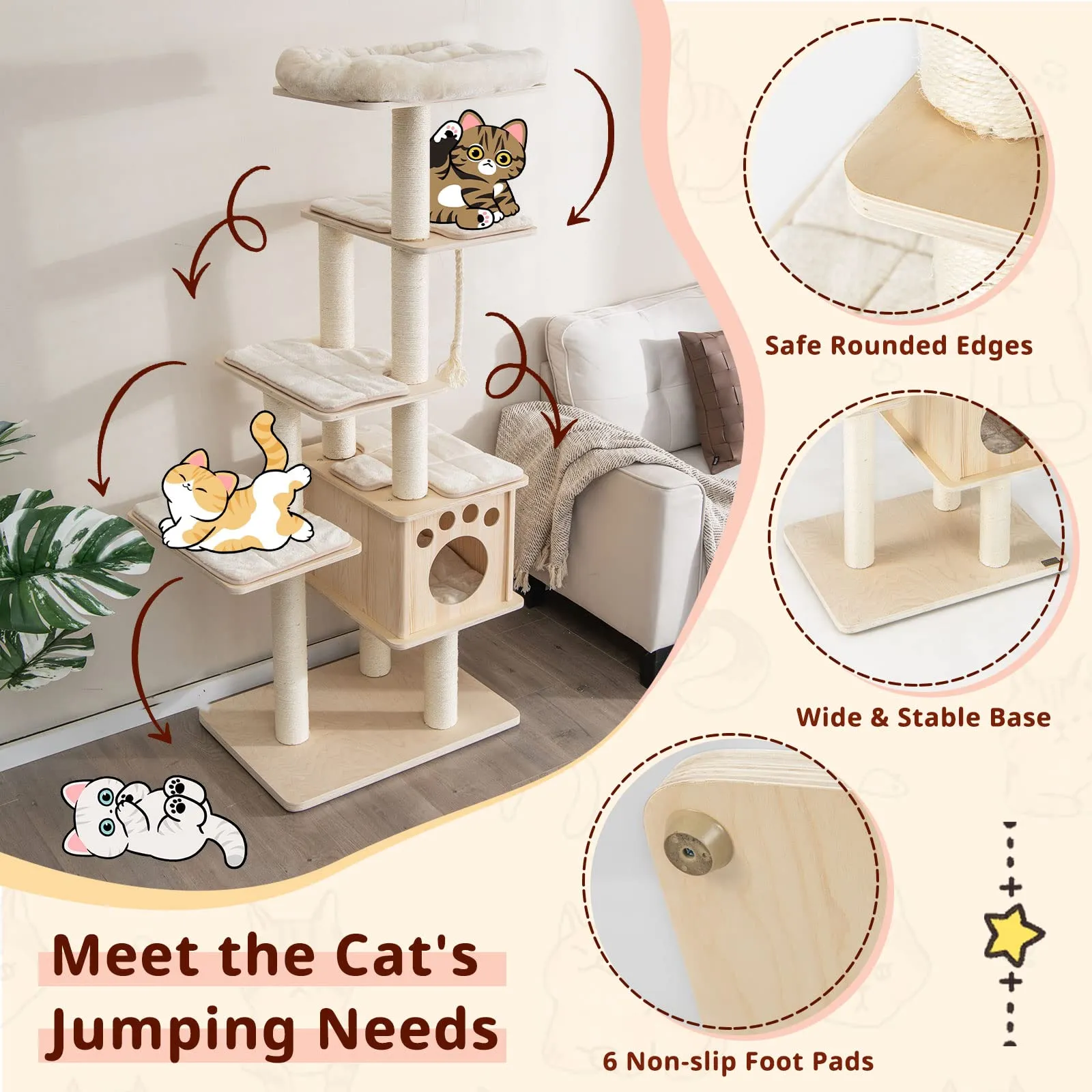 Tangkula Modern Wood Cat Tree, 67 Inch Multi-Level Tall Cat Tree Tower