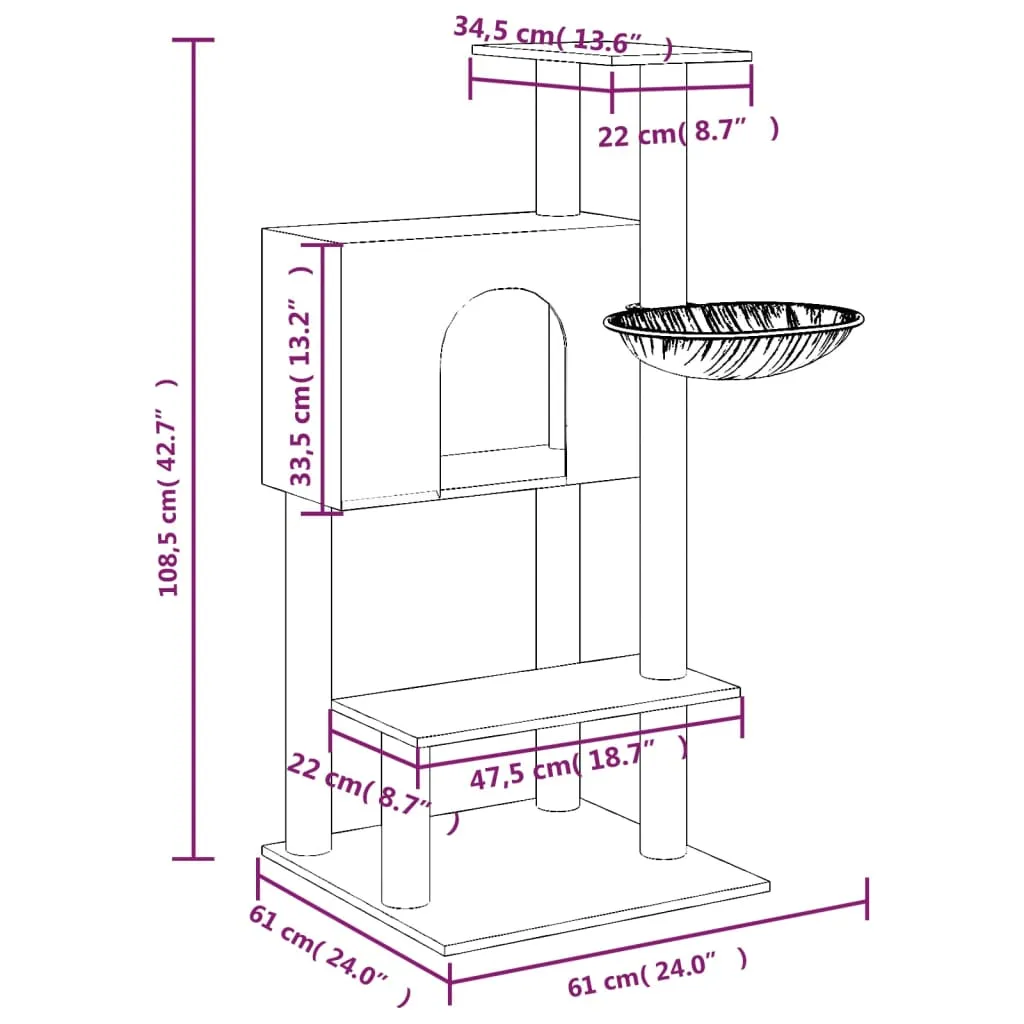 vidaXL Cat Tree with Sisal Scratching Posts Dark Grey 108.5 cm