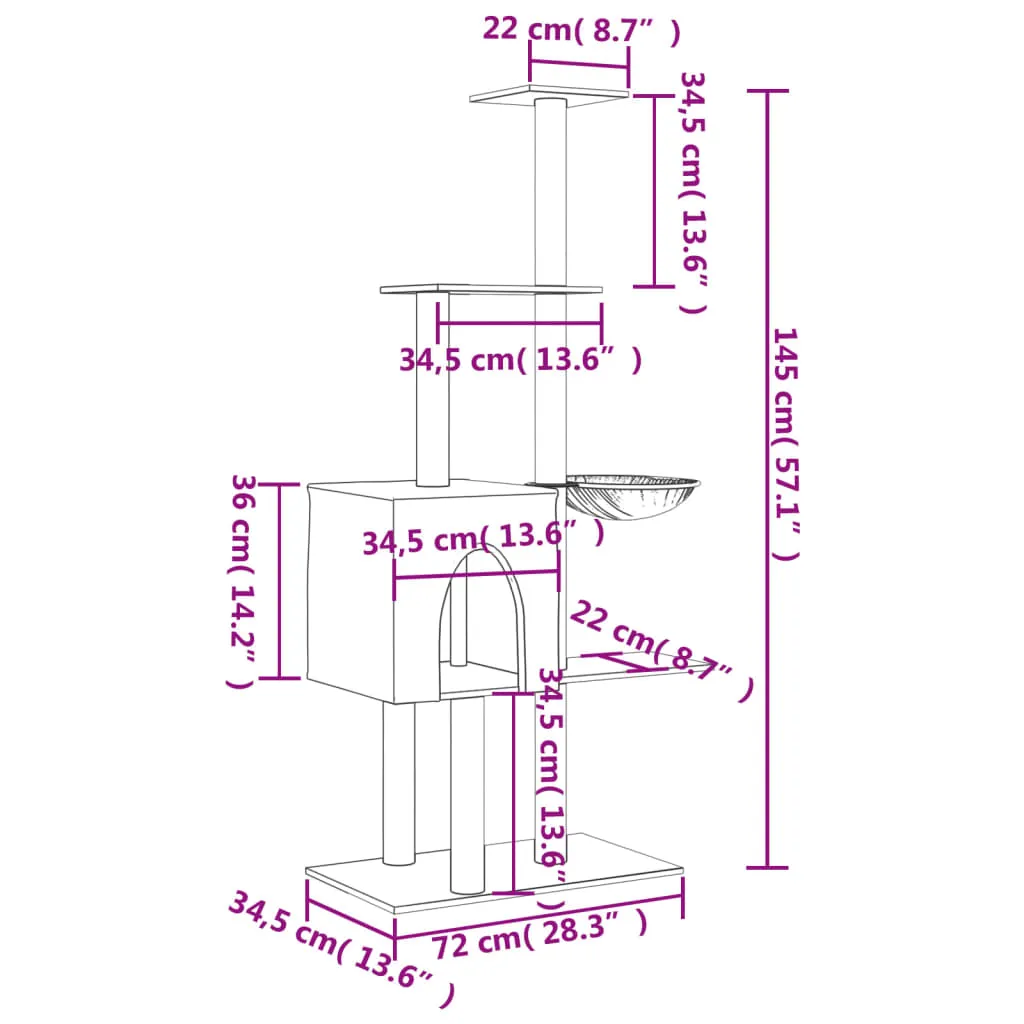 vidaXL Cat Tree with Sisal Scratching Posts Light Grey 145 cm