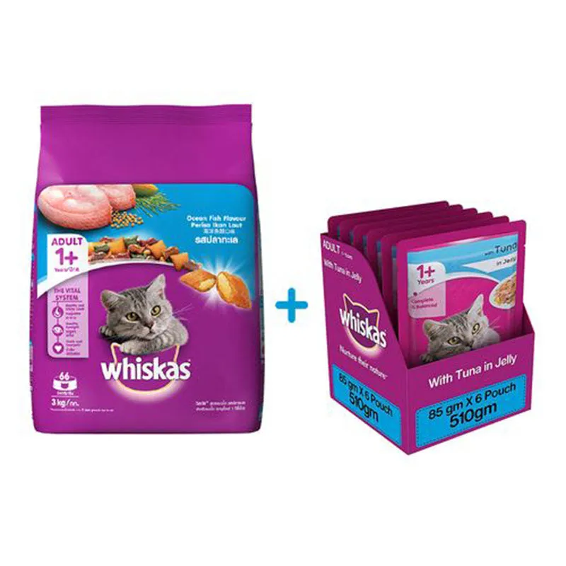 Whiskas Adult (1 Yrs  ) Cat Food Combo - Ocean Fish Flavour, 3 kg   Tuna in Jelly, 85 g (6 Pouches)