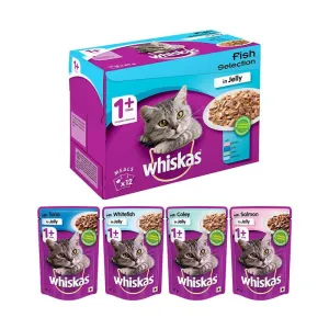 Whiskas Adult (1 Yrs) Fish Selection - Tuna, Coley, Whitefish and Salmon in Jelly, Wet Cat Food 85 g (Pack of 48 pouches)