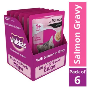 Whiskas Adult (1 Yrs ) Salmon in Gravy, Wet Cat Food 85 g (Pack of 6 Pouches)