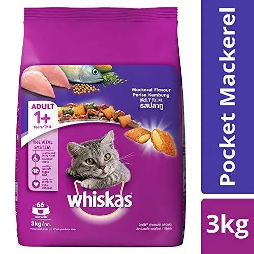 Whiskas Adult Dry Cat Food, Mackerel flavour – 3 kg Pack