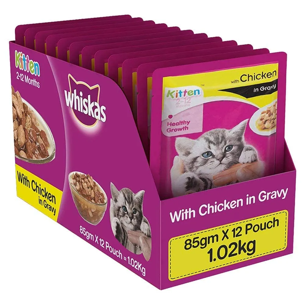 Whiskas Chicken in Gravy Meal Kitten Wet Food and Ocean Fish Kitten Dry Food Combo