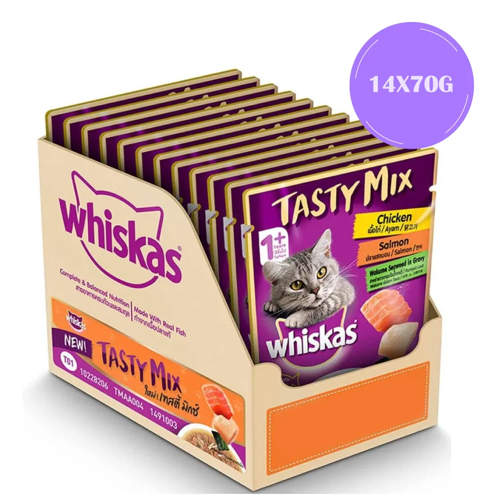 Whiskas Chicken With Salmon Wakame Seaweed and Tuna with Kanikama and Carrot in Gravy Tasty Mix Adult Cat Wet Food Combo