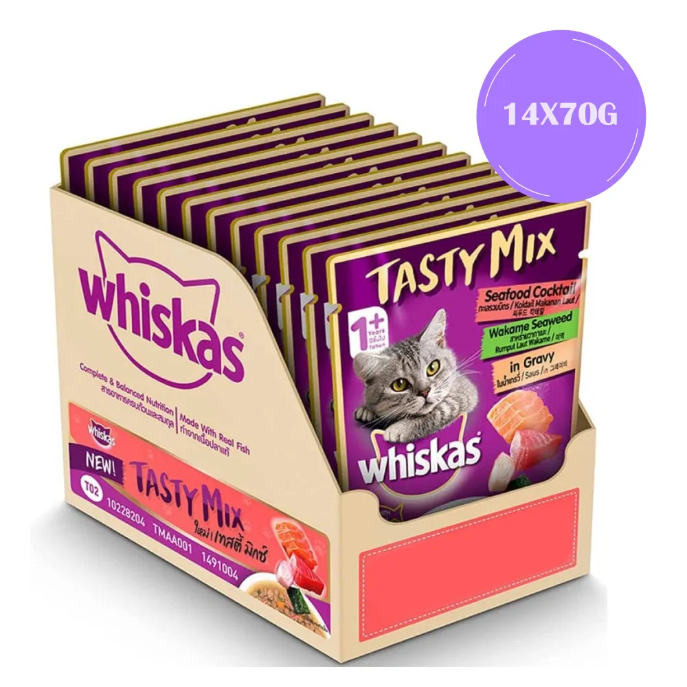 Whiskas Chicken With Tuna & Carrot and Seafood Cocktail Wakame Seaweed in Gravy Tasty Mix Adult Cat Wet Food Combo