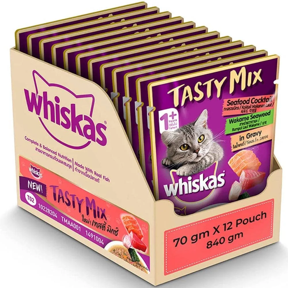 Whiskas Chicken With Tuna And Carrot in Gravy and Seafood Cocktail With Wakame Seaweed in Gravy Adult Cat Wet Food Combo