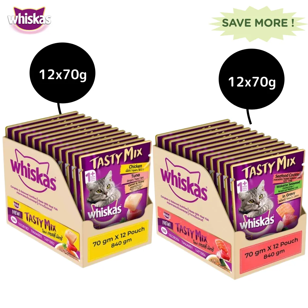 Whiskas Chicken With Tuna And Carrot in Gravy and Seafood Cocktail With Wakame Seaweed in Gravy Adult Cat Wet Food Combo